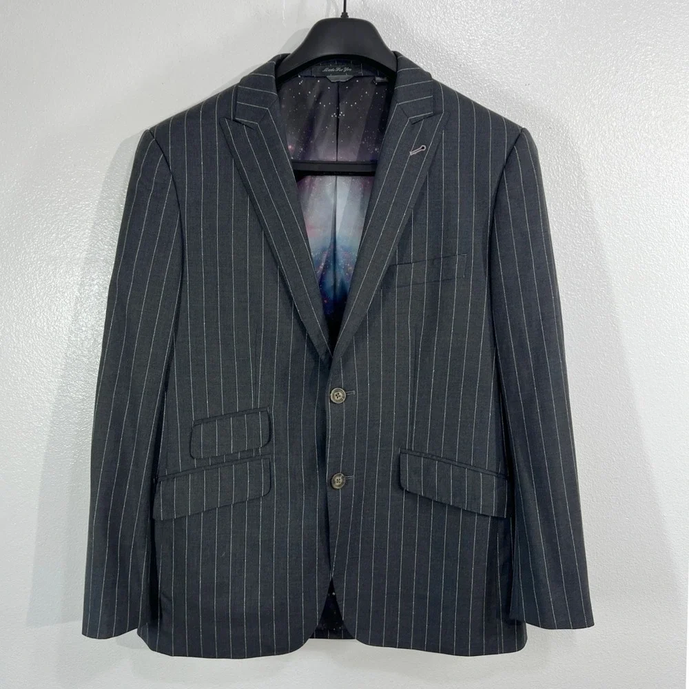 Indochino Pinstripe Blazer Mens 42R Gray‎ 100% Wool Galaxy Lining Custom Bespoke